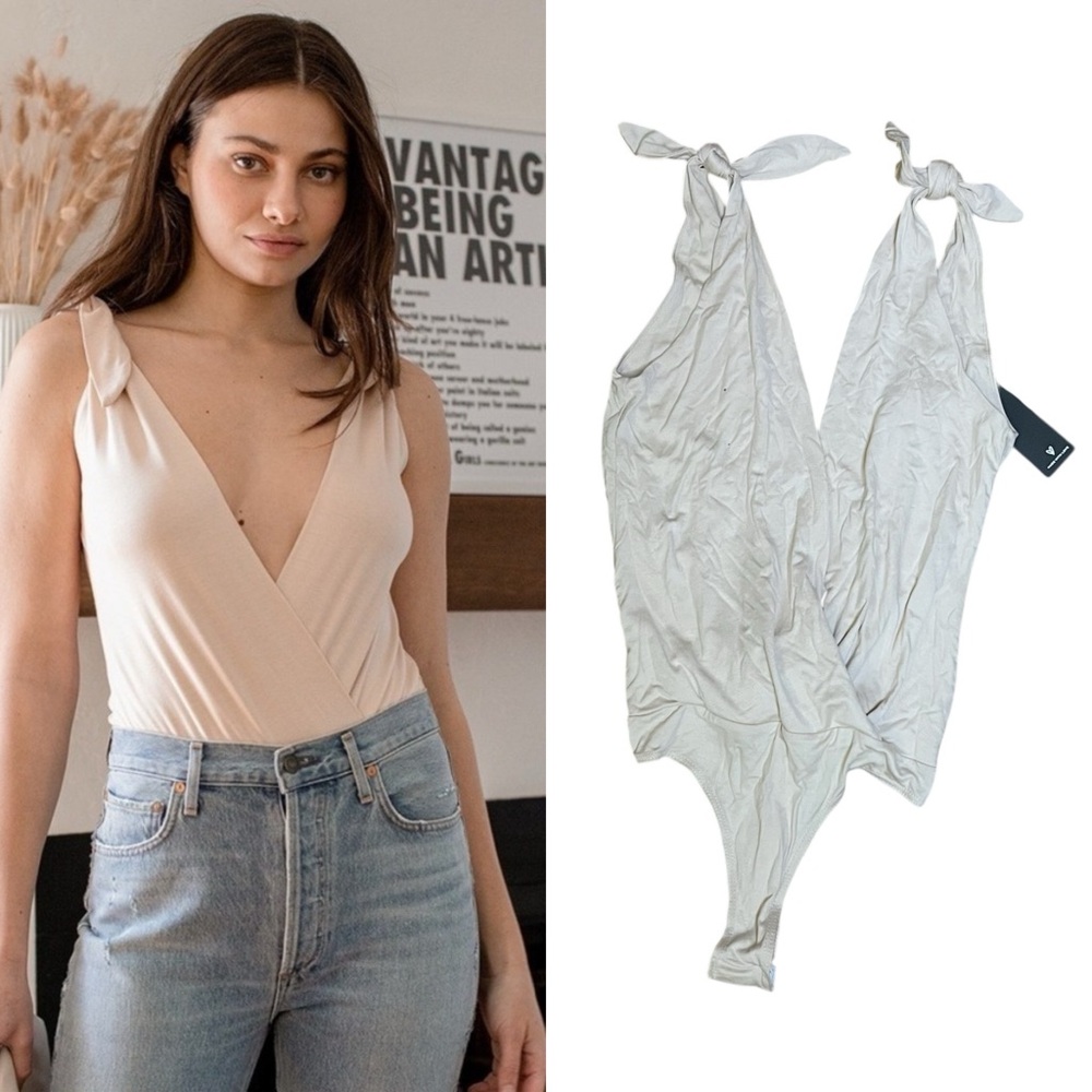 NWT Lulus Me Myself And Tie Beige Cream XS Tie-Shoulder Bodysuit Faux Wrap